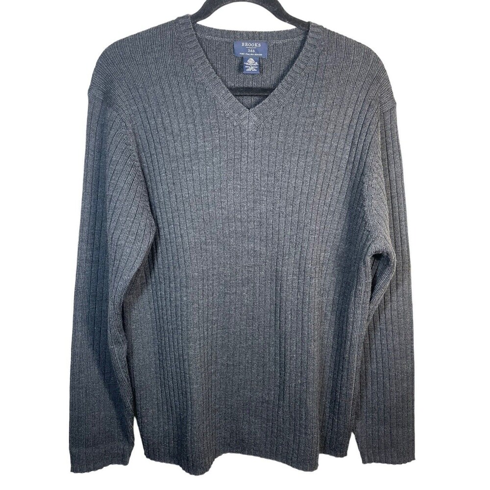 BROOKS 346 Fine Italian Merino Wool V-neck‎ Pullover Sweater, Gray Size Large